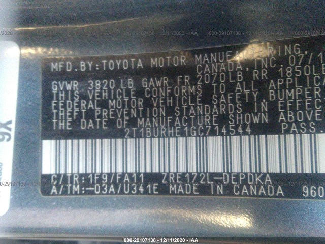 Photo 8 VIN: 2T1BURHE1GC714544 - TOYOTA COROLLA 