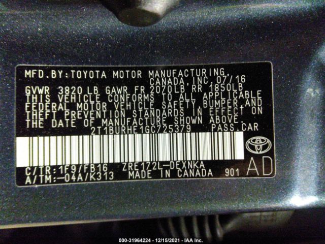 Photo 8 VIN: 2T1BURHE1GC725379 - TOYOTA COROLLA 