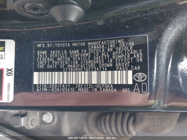 Photo 8 VIN: 2T1BURHE1GC734714 - TOYOTA COROLLA 