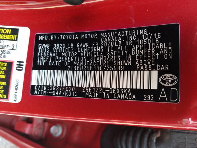 Photo 9 VIN: 2T1BURHE1HC775989 - TOYOTA COROLLA L 