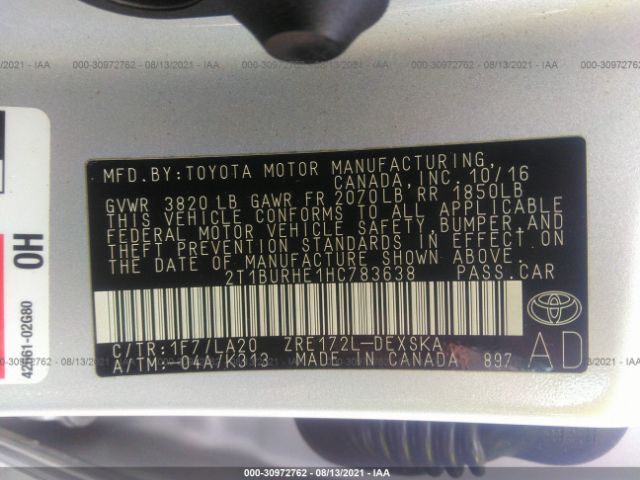 Photo 8 VIN: 2T1BURHE1HC783638 - TOYOTA COROLLA 