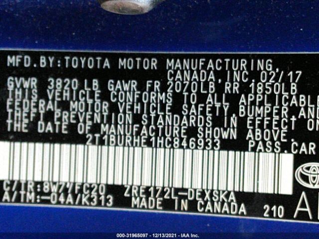 Photo 8 VIN: 2T1BURHE1HC846933 - TOYOTA COROLLA 