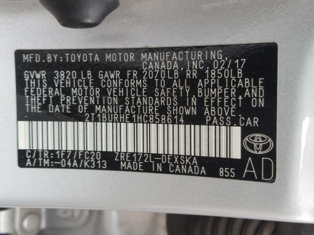 Photo 9 VIN: 2T1BURHE1HC858614 - TOYOTA COROLLA L 