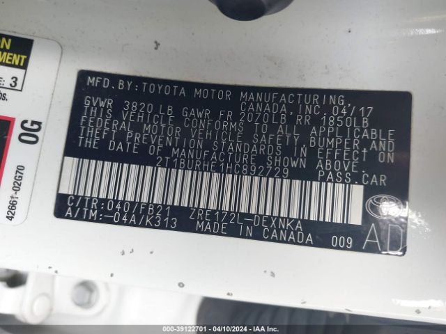 Photo 8 VIN: 2T1BURHE1HC892729 - TOYOTA COROLLA 