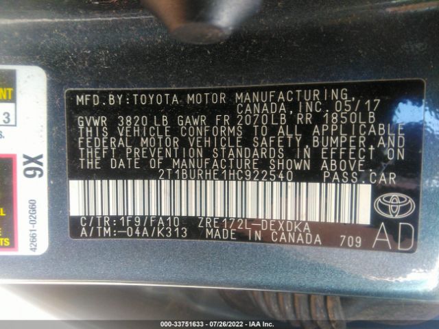 Photo 8 VIN: 2T1BURHE1HC922540 - TOYOTA COROLLA 