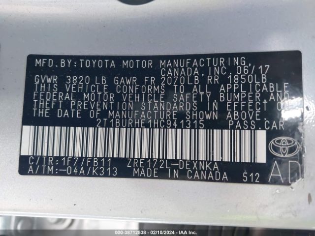 Photo 8 VIN: 2T1BURHE1HC941315 - TOYOTA COROLLA 