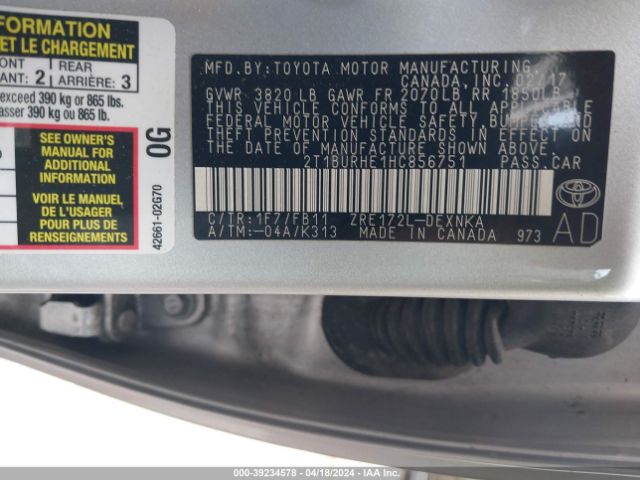 Photo 8 VIN: 2T1BURHE1HCH56751 - TOYOTA COROLLA 