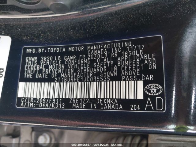 Photo 8 VIN: 2T1BURHE1JC015535 - TOYOTA COROLLA 