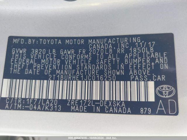 Photo 8 VIN: 2T1BURHE1JC016250 - TOYOTA COROLLA 