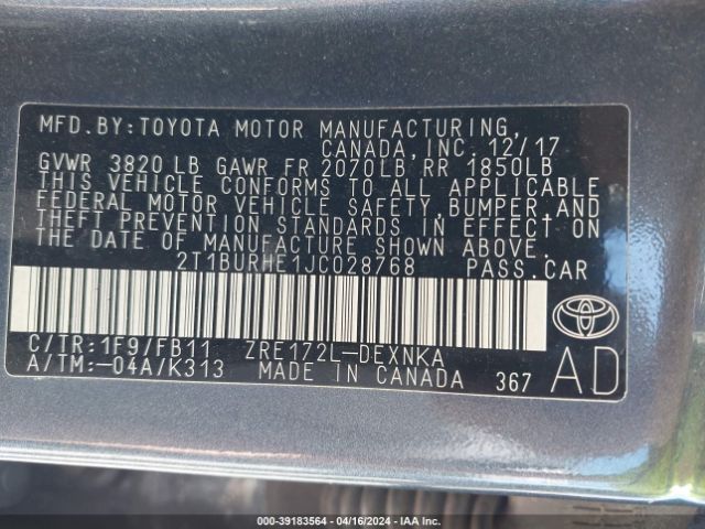 Photo 8 VIN: 2T1BURHE1JC028768 - TOYOTA COROLLA 