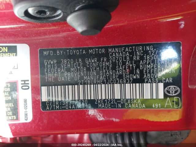 Photo 8 VIN: 2T1BURHE1JC036837 - TOYOTA COROLLA 