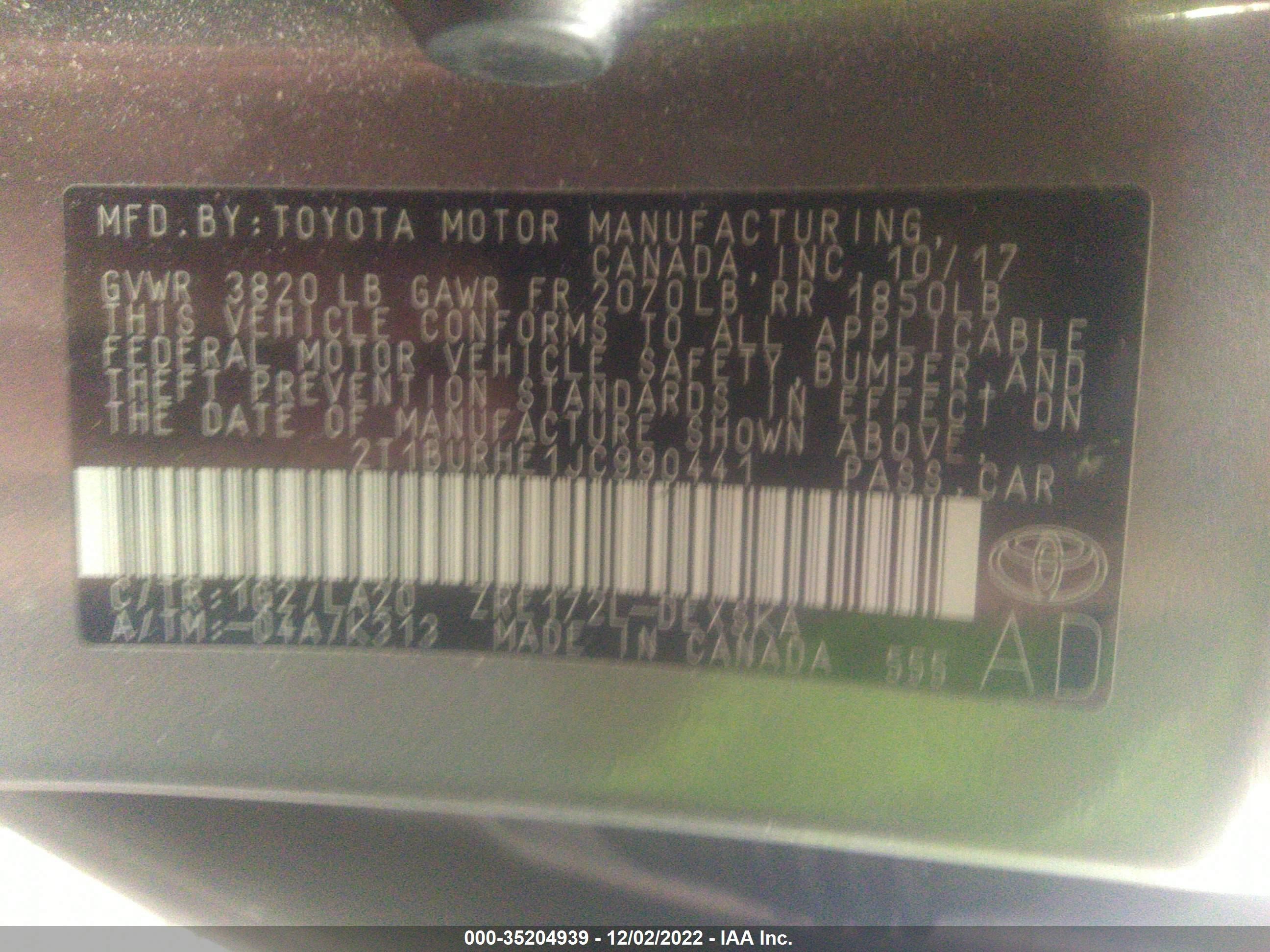 Photo 8 VIN: 2T1BURHE1JC990441 - TOYOTA COROLLA 