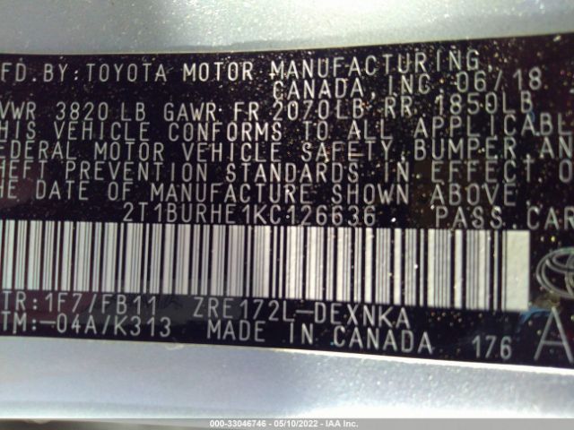 Photo 8 VIN: 2T1BURHE1KC126636 - TOYOTA COROLLA 