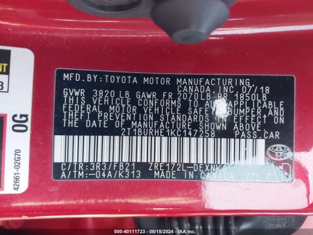 Photo 8 VIN: 2T1BURHE1KC147258 - TOYOTA COROLLA 