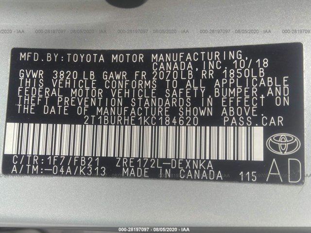 Photo 8 VIN: 2T1BURHE1KC184620 - TOYOTA COROLLA 