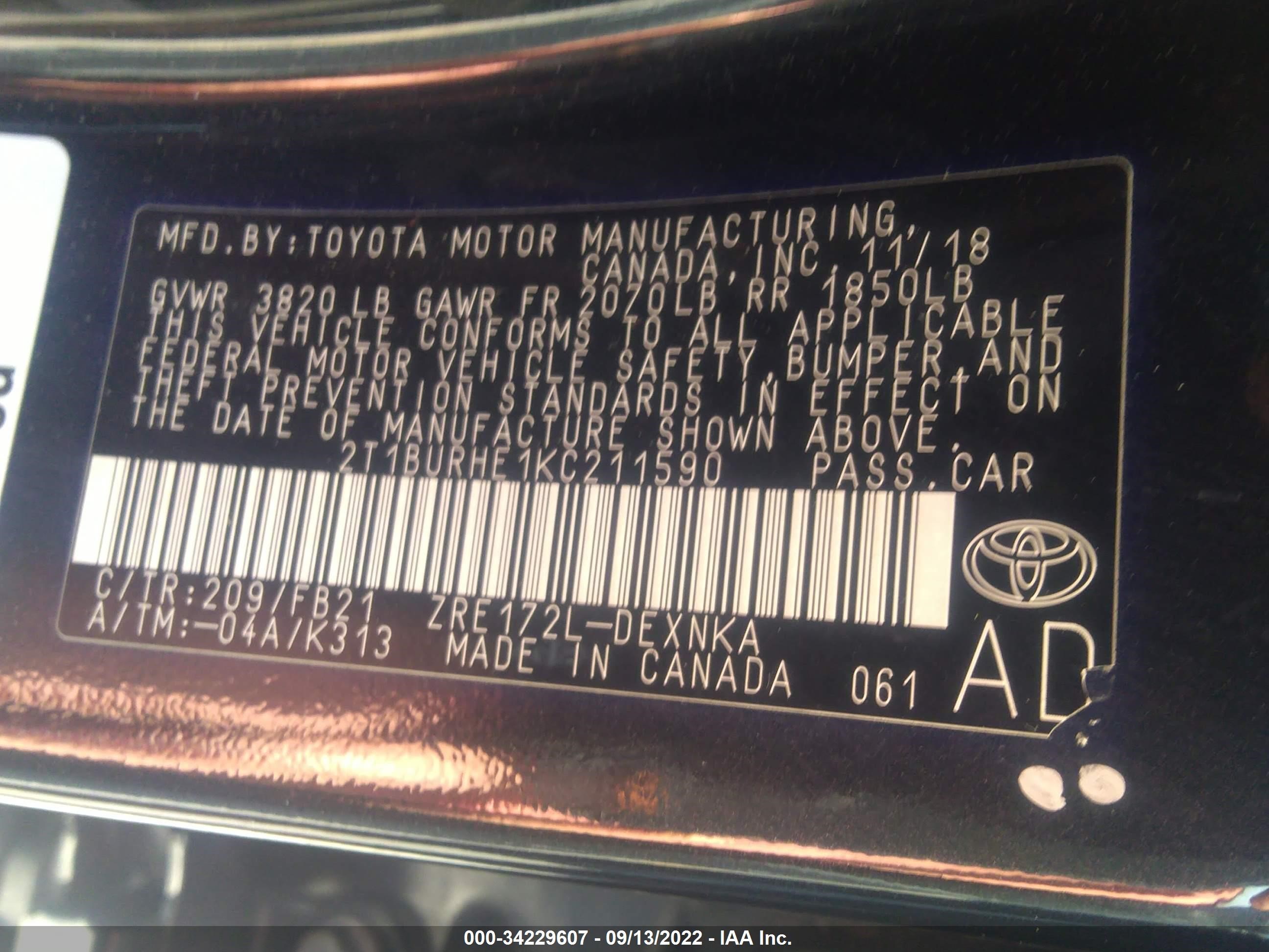 Photo 8 VIN: 2T1BURHE1KC211590 - TOYOTA COROLLA 