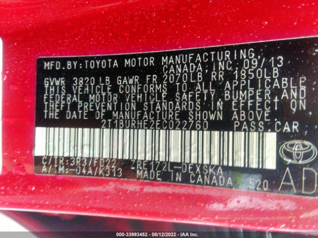 Photo 8 VIN: 2T1BURHE2EC022760 - TOYOTA COROLLA 