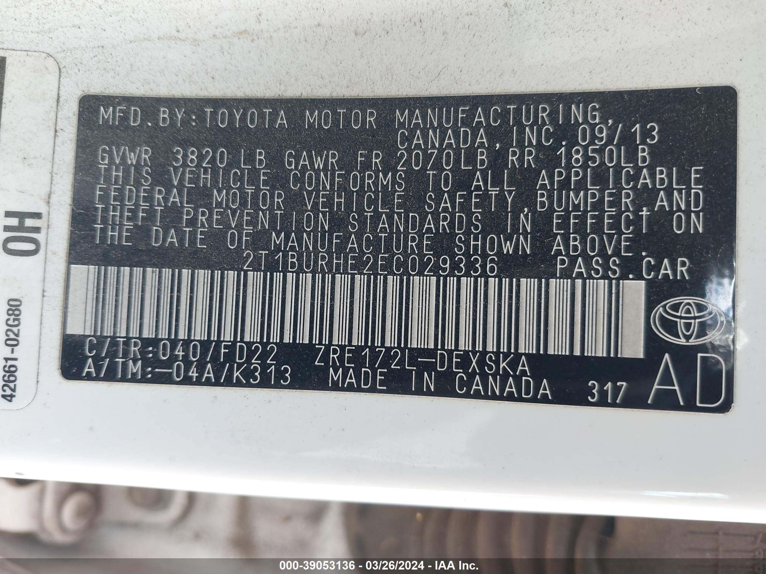 Photo 8 VIN: 2T1BURHE2EC029336 - TOYOTA COROLLA 