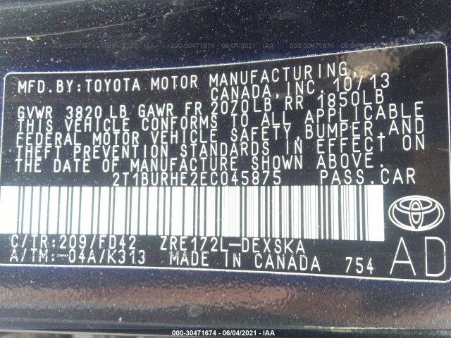 Photo 8 VIN: 2T1BURHE2EC045875 - TOYOTA COROLLA 