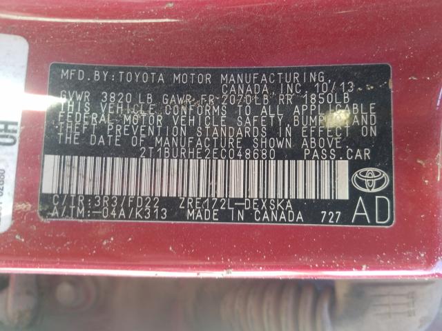 Photo 9 VIN: 2T1BURHE2EC048680 - TOYOTA COROLLA L 