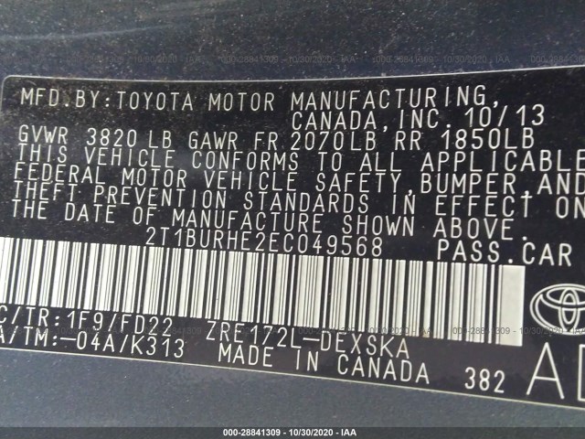 Photo 8 VIN: 2T1BURHE2EC049568 - TOYOTA COROLLA 