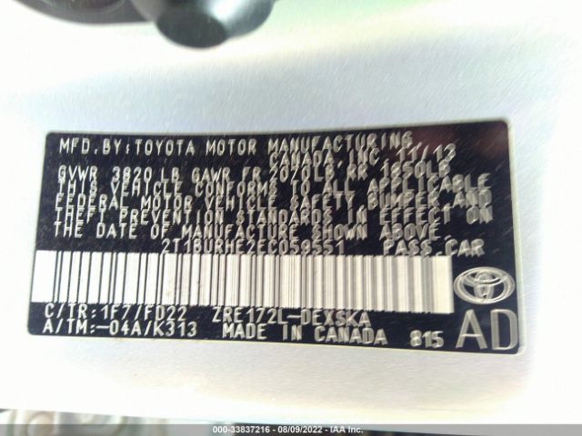 Photo 8 VIN: 2T1BURHE2EC059551 - TOYOTA COROLLA 