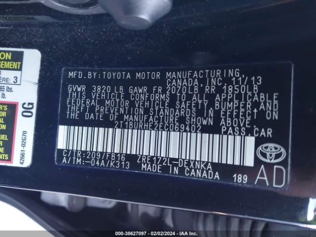 Photo 8 VIN: 2T1BURHE2EC069402 - TOYOTA COROLLA 