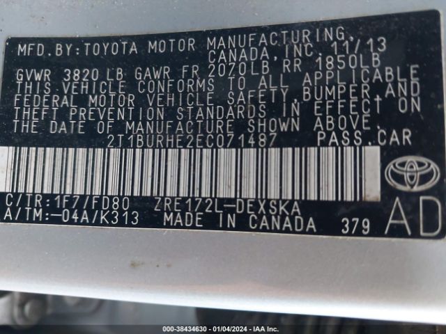 Photo 8 VIN: 2T1BURHE2EC071487 - TOYOTA COROLLA 