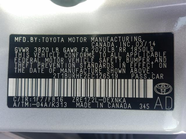 Photo 9 VIN: 2T1BURHE2EC126519 - TOYOTA COROLLA L 