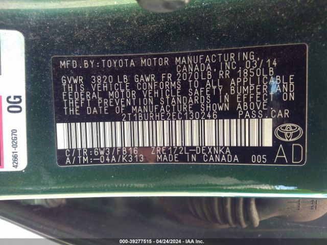 Photo 8 VIN: 2T1BURHE2EC130246 - TOYOTA COROLLA 