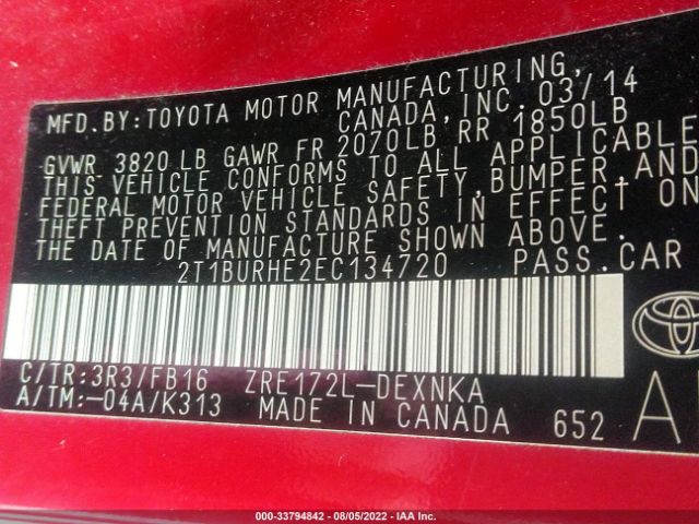 Photo 8 VIN: 2T1BURHE2EC134720 - TOYOTA COROLLA 