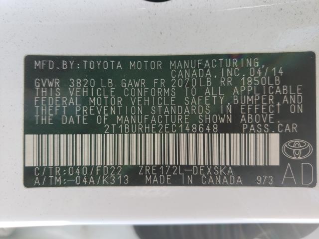 Photo 9 VIN: 2T1BURHE2EC148648 - TOYOTA COROLLA L 