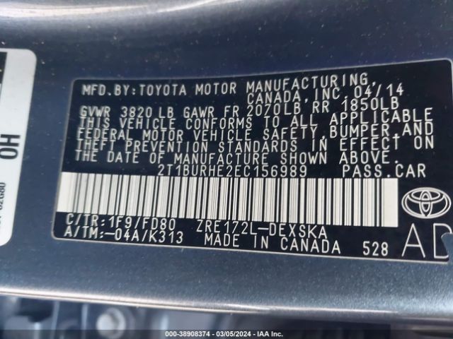 Photo 8 VIN: 2T1BURHE2EC156989 - TOYOTA COROLLA 