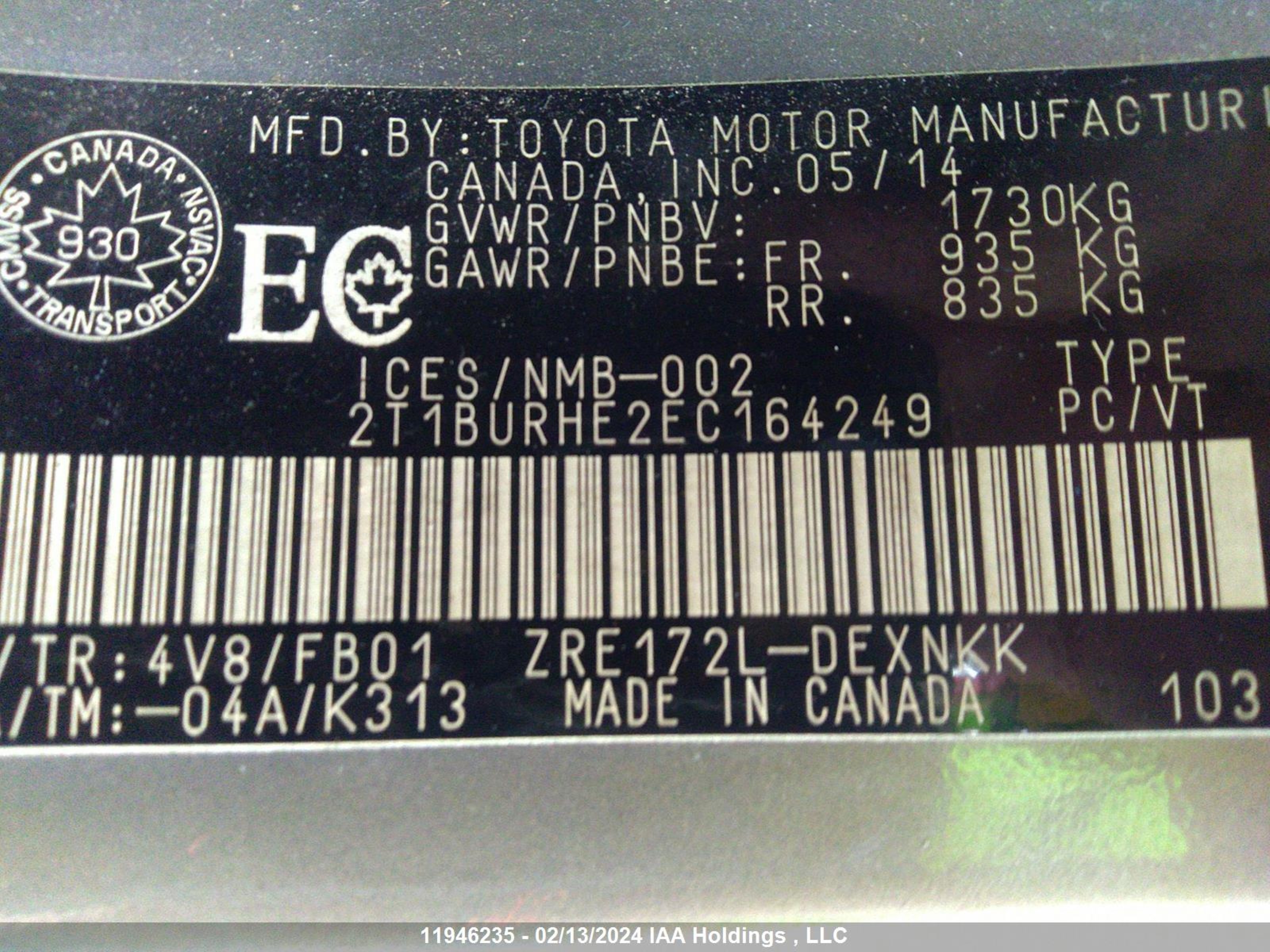 Photo 8 VIN: 2T1BURHE2EC164249 - TOYOTA COROLLA 