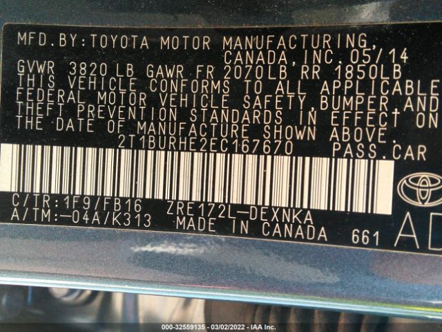 Photo 8 VIN: 2T1BURHE2EC167670 - TOYOTA COROLLA 