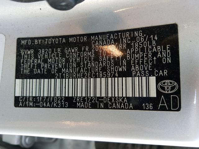 Photo 9 VIN: 2T1BURHE2EC185974 - TOYOTA COROLLA L 