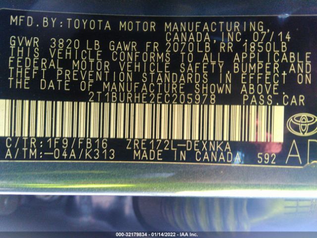 Photo 8 VIN: 2T1BURHE2EC205978 - TOYOTA COROLLA 