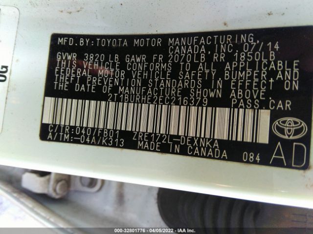 Photo 8 VIN: 2T1BURHE2EC216379 - TOYOTA COROLLA 