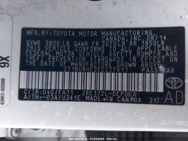 Photo 8 VIN: 2T1BURHE2EC227611 - TOYOTA COROLLA 