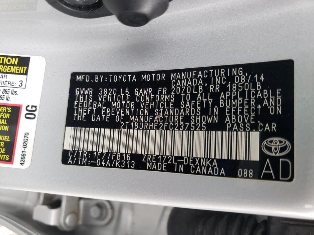 Photo 9 VIN: 2T1BURHE2FC237525 - TOYOTA COROLLA L 