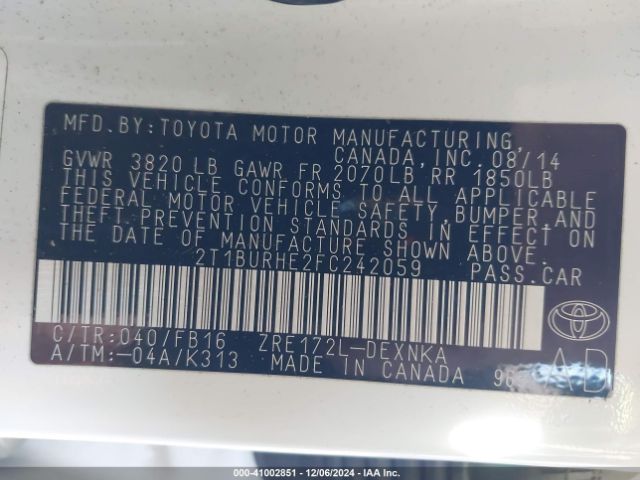 Photo 8 VIN: 2T1BURHE2FC242059 - TOYOTA COROLLA 