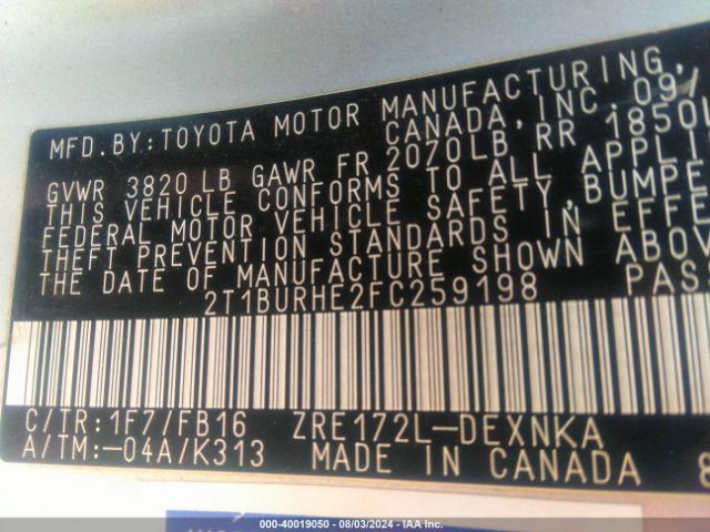 Photo 8 VIN: 2T1BURHE2FC259198 - TOYOTA COROLLA 