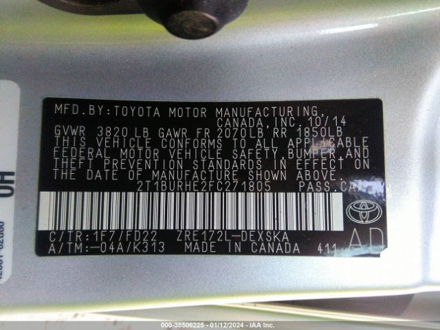 Photo 8 VIN: 2T1BURHE2FC271805 - TOYOTA COROLLA 