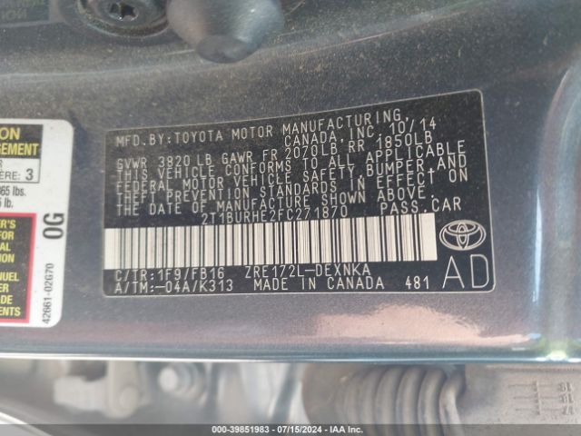 Photo 8 VIN: 2T1BURHE2FC271870 - TOYOTA COROLLA 