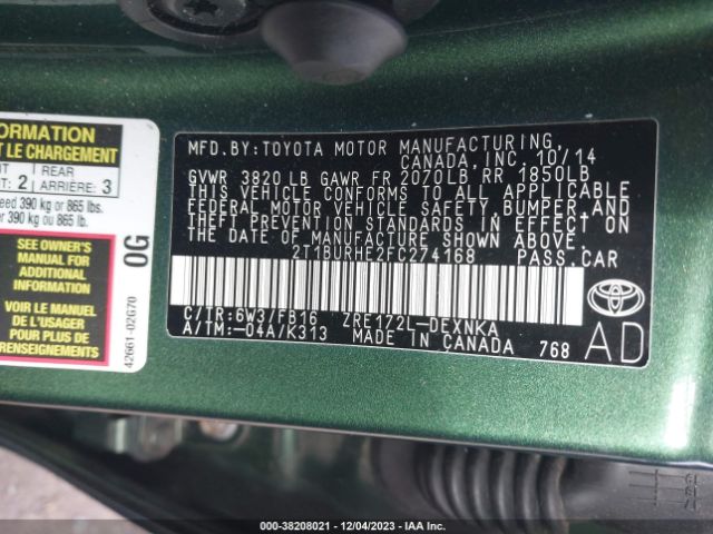 Photo 8 VIN: 2T1BURHE2FC274168 - TOYOTA COROLLA 