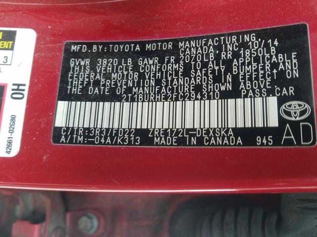 Photo 9 VIN: 2T1BURHE2FC294310 - TOYOTA COROLLA L 