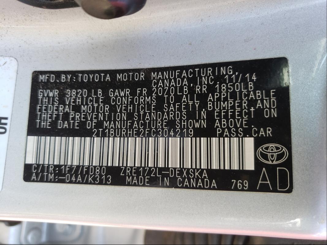 Photo 9 VIN: 2T1BURHE2FC304219 - TOYOTA COROLLA L 