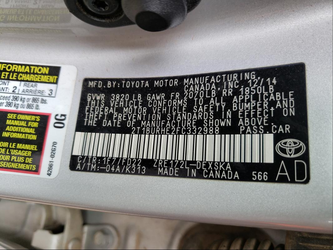 Photo 9 VIN: 2T1BURHE2FC332988 - TOYOTA COROLLA L 