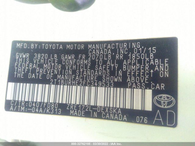 Photo 8 VIN: 2T1BURHE2FC349533 - TOYOTA COROLLA 