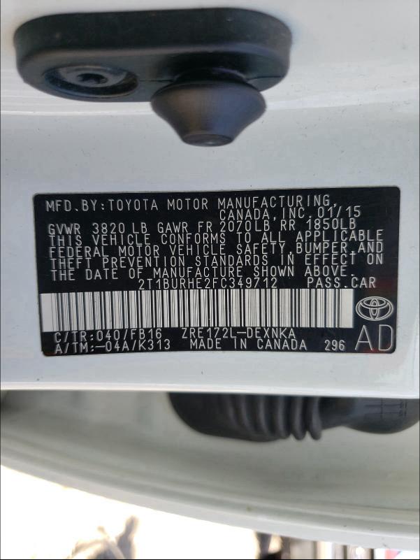 Photo 9 VIN: 2T1BURHE2FC349712 - TOYOTA COROLLA L 